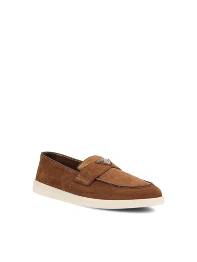 Prada Suede Triangle Loafers In Brown