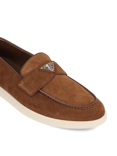 Prada Suede Triangle Loafers In Brown