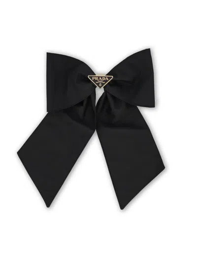 Prada Brass Hair Clip With Maxi Bow Design In Black