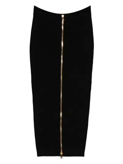 Balmain Cable-knit Button-front Midi Fitted Skirt In Black