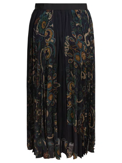 Sacai Womens Navy Floral Pleated Woven Midi Skirt In Black