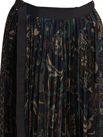 Sacai Womens Navy Floral Pleated Woven Midi Skirt In Black