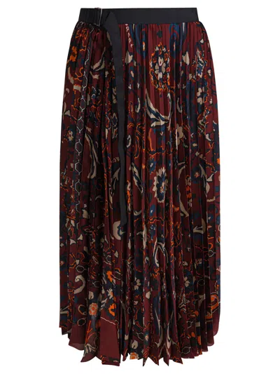 Sacai Pleated Floral Pattern Mid-length Skirt In Brown