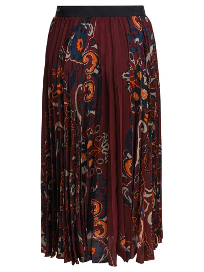 Sacai Pleated Floral Pattern Mid-length Skirt In Brown