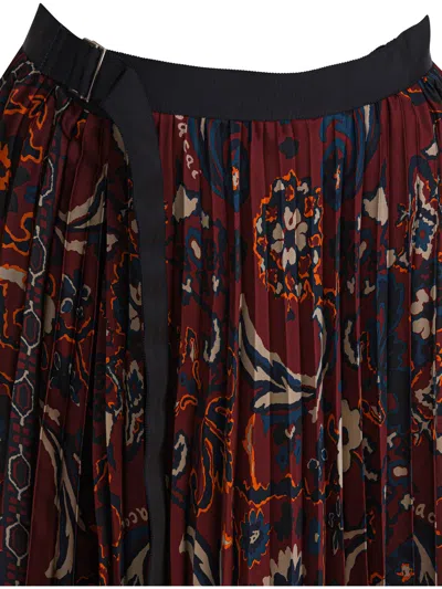 Sacai Pleated Floral Pattern Mid-length Skirt In Brown