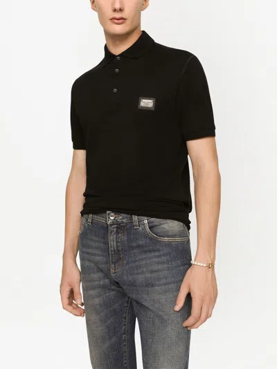 Dolce & Gabbana Dark Gray Logo Plaque Cotton Men Polo Shirt T-shirt In Black
