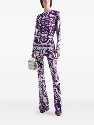 Dolce & Gabbana Majolica-print Flared Trousers In Purple