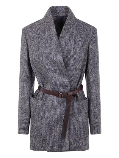 Brunello Cucinelli Belted Waist Suit Jacket In Gray