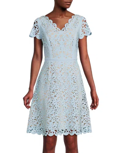 Focus By Shani V-neck Laser Cutting Fit & Flare Midi Dress In Blue