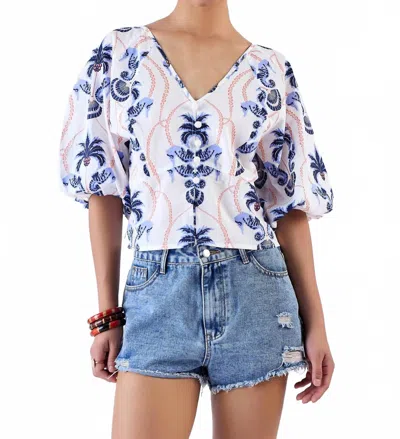 Beyond By Vera Vivi V Neck Top In Paradise Island Navy In Blue