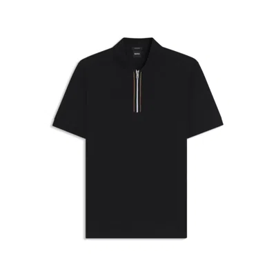 Hugo Boss Mercerized Cotton Polo Shirt With Contrast Zip In Black