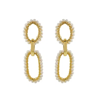 Lavish By Tricia Milaneze Women's Gold / Neutrals / White Pearl & Gold Urban Links Handmade Crochet Links Earrings