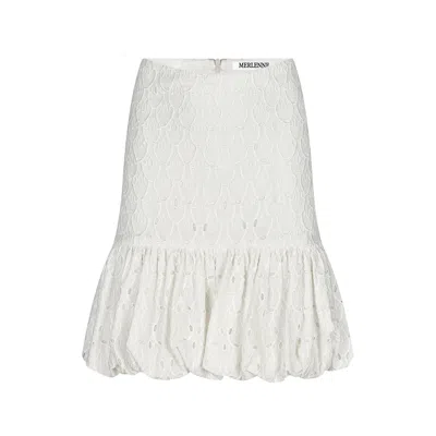 Merlenne Women's White Short Cotton Skirt With Embroidered Monograms And Balloon Silhouette