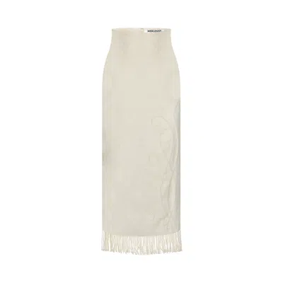 Merlenne Women's Neutrals Linen Skirt With Handmade Embroidery And Fringes