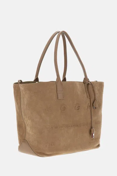 Hogan Double Strap Tote Bag With Suede Finish In Brown