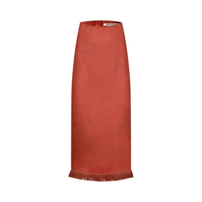Merlenne Women's Red Terracotta Linen Skirt With Fringes