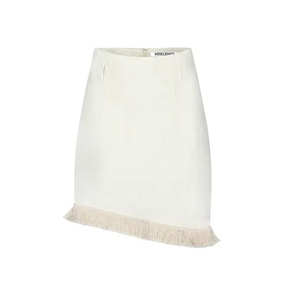 Merlenne Women's Neutrals / White Short Linen Skirt With Fringe And A Diagonal Silhouette