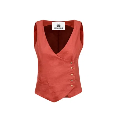 Merlenne Women's Red Cropped Linen Vest With Engraved Gold Buttons In Terracotta