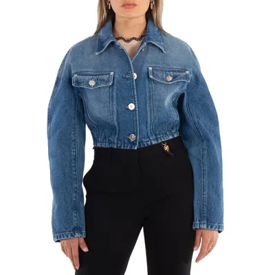Versace Ladies Medium Blue Cropped Denim Jacket In Blue