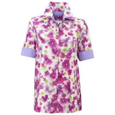Perlavera Women's Purple Cecil  Violet  Flower  Printed Satin Short Sleeve Length Missy Fit Shirt