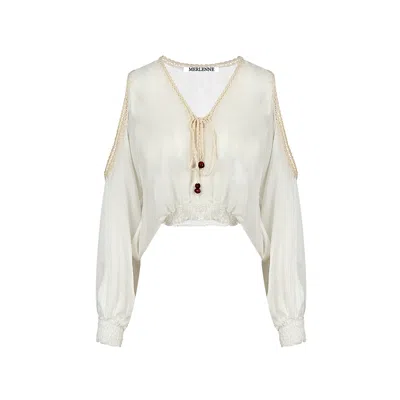 Merlenne Women's White / Neutrals Boho Silk Blouse With Teardrop Opening