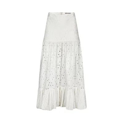 Merlenne Women's White High Waist Midi Skirt Of Embroidered Cotton Monograms