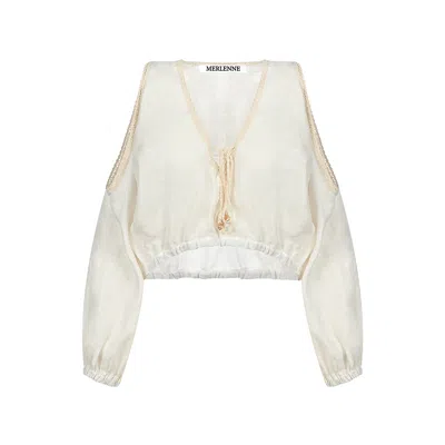 Merlenne Women's Neutrals / White Linen Boho Blouse With Teardrop Opening