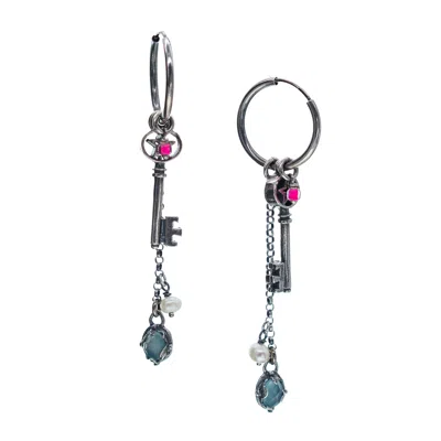 Gem Kingdom Women's Pink / Silver / Blue Back To The Future - Key Earrings With Aqua Onyx