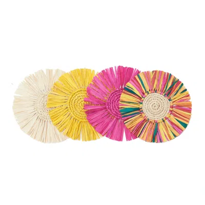 Kubo Pink / Yellow Pahiyas Woven Raffia Fringe Coasters Multi, Set Of 4
