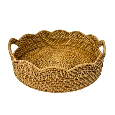Kubo Brown / Neutrals Lily Round Scalloped Rattan Serving Tray