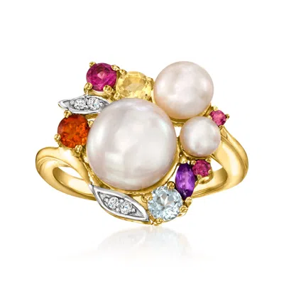 Ross-simons 4-9mm Cultured Pearl And . Multi-gemstone Ring In 18kt Gold Over Sterling