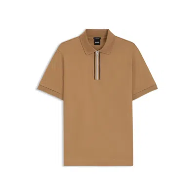 Hugo Boss Mercerized Cotton Polo Shirt With Contrast Zip In Brown