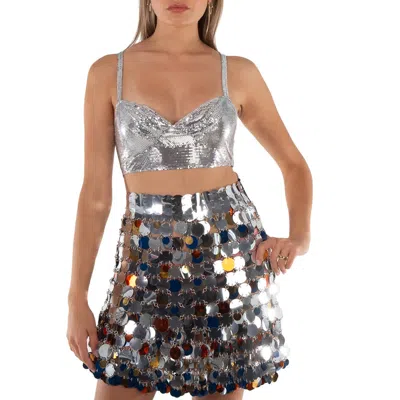 Rabanne Ladies Silver Perforated Sweetheart Neck Cropped Top In Metallic
