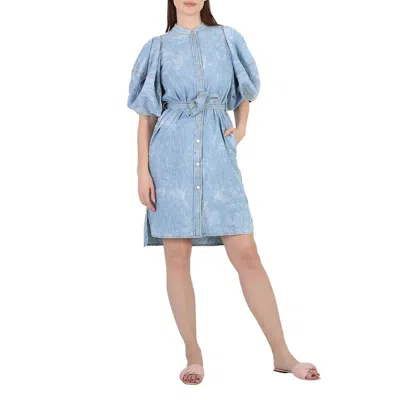 Stella Mccartney Crinkle Blue Denim Puff Sleeve Dress In Burgundy