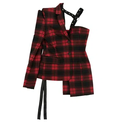 Ben Taverniti Unravel Project Red/black Plaid One Sleeve Blazer In Multi