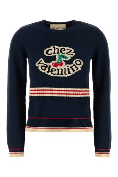 Valentino Cotton Sweater Crew Neck Long Sleeves In Blue