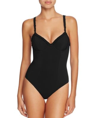 Shop Tory Burch Solid Ruffle Trim One Piece Swimsuit In Black