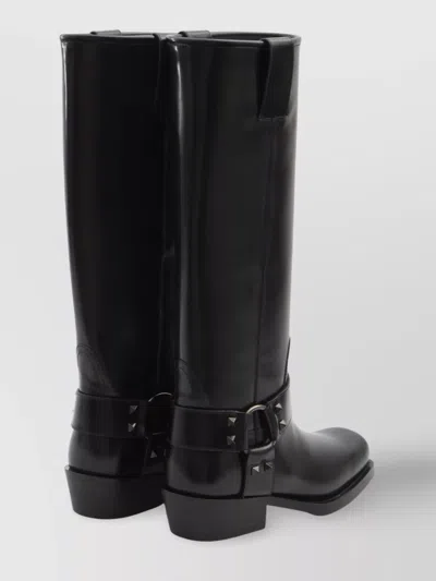Valentino Studded Leather Biker Boots With Square Toe
