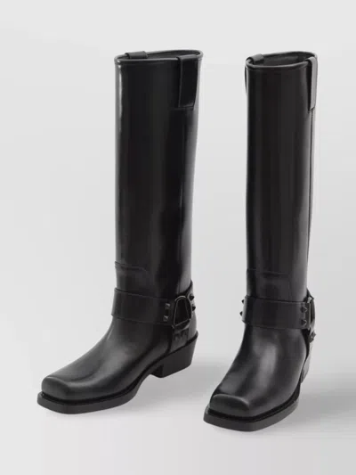 Valentino Studded Leather Biker Boots With Square Toe