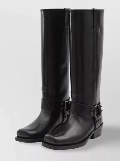 Valentino Studded Leather Biker Boots With Square Toe