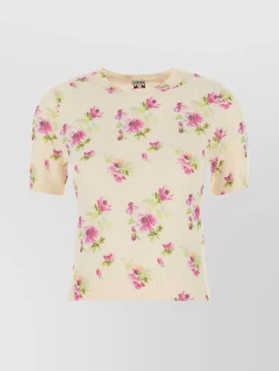 Loewe Crew Neck Floral Pattern Cotton Blend Sweater In Multi