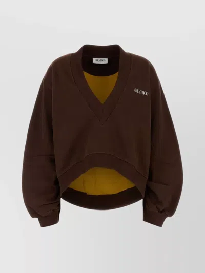 Attico Cropped V-neck Sweatshirt With Ribbed Cuffs And Hem In Brown