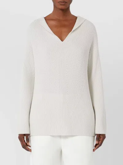 S Max Mara Ribbed Texture V Neck Hooded Top