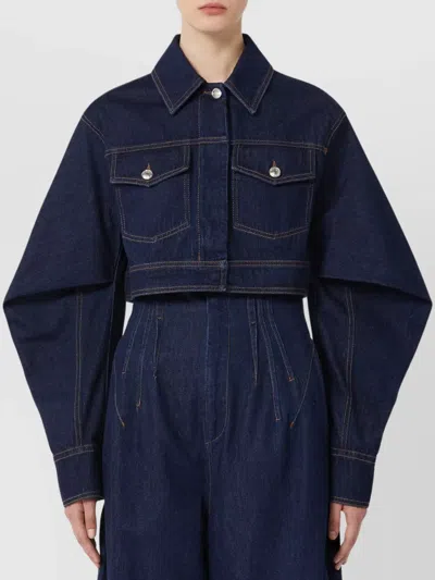 Sportmax Cropped Jacket With Buttoned Pockets And Contrast Stitching In Blue