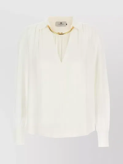 Elisabetta Franchi Pleated Shoulder Long Sleeve Shirt With Gold Hardware In White