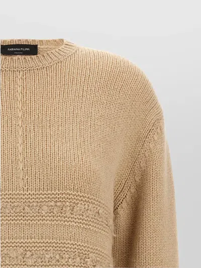 Fabiana Filippi Crew Neck Knit Sweater With Textured Insert In Brown