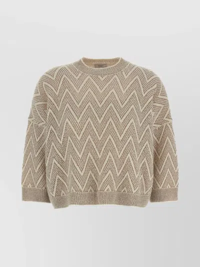 Peserico Zigzag Cropped Crew Neck Sweater With Dropped Shoulders In Brown