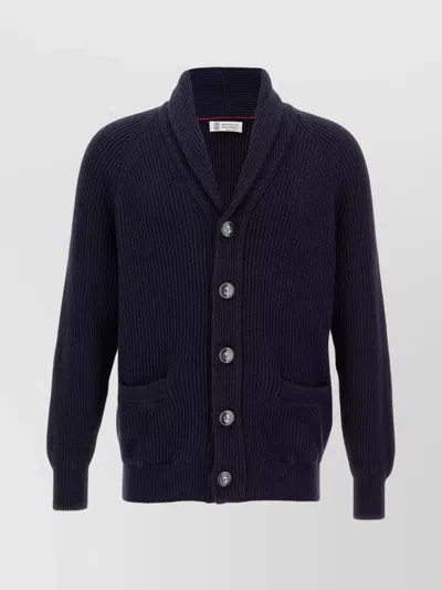 Brunello Cucinelli Shawl-collar Ribbed Cotton Cardigan In Blue