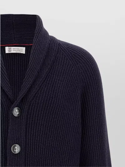 Brunello Cucinelli Shawl-collar Ribbed Cotton Cardigan In Blue