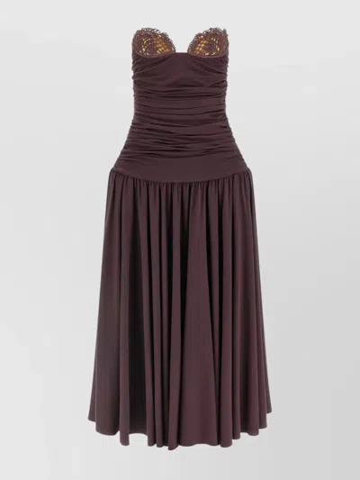 Magda Butrym Flared Skirt Lace Trim Ruched Dress In Brown